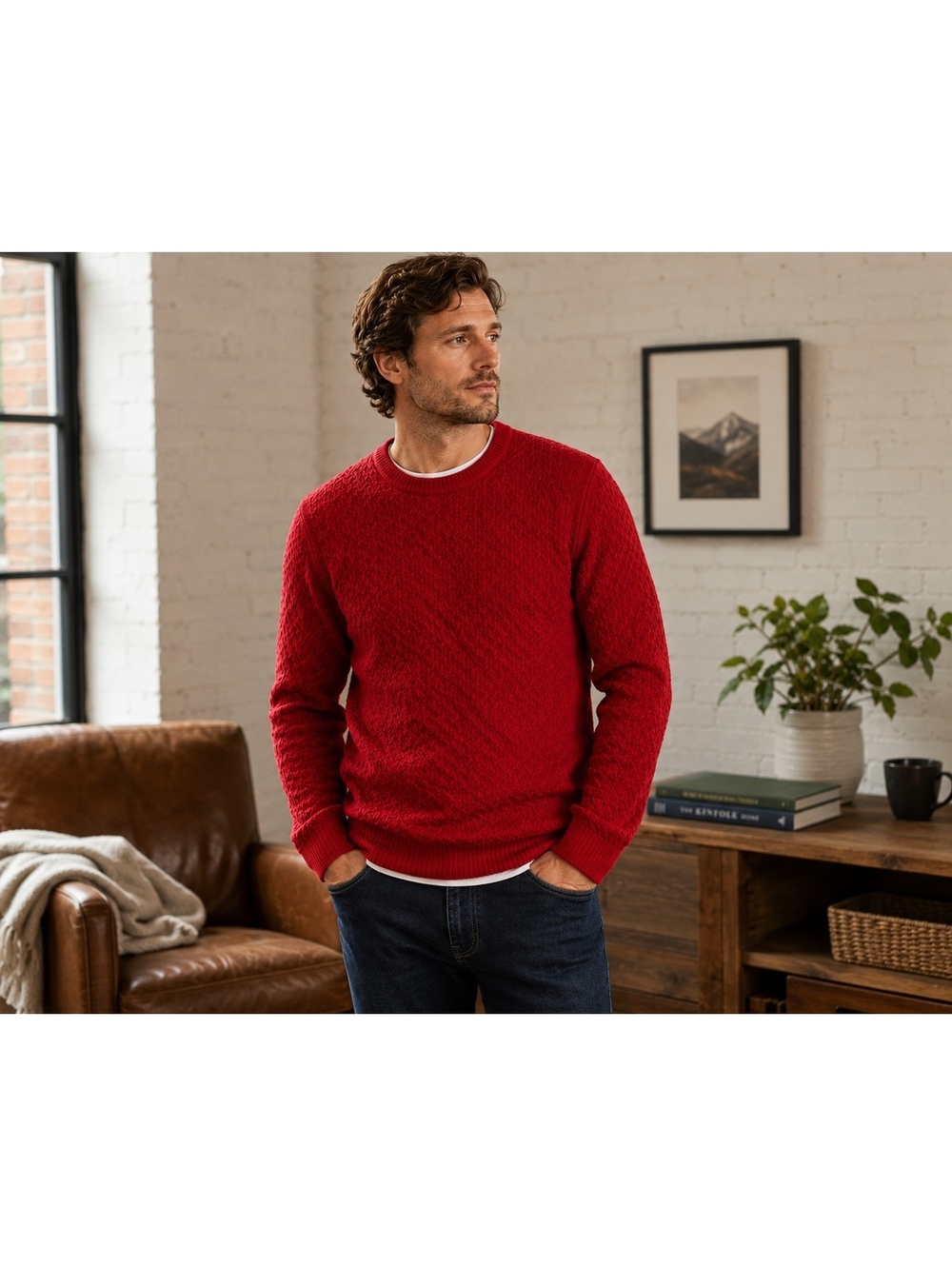 Alex Cannon Men’s M Red Wool Blend Textured Knit Crewneck Pullover Sweater